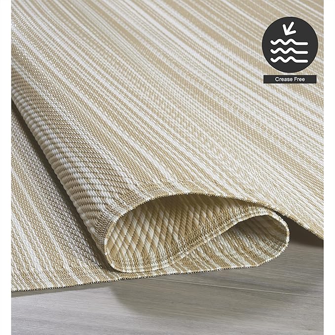 FH Home Outdoor Camping Rug - Waterproof, Fade Resistant, Reversible - Premium Recycled Plastic - Striped - Large Patio, Deck, Sunroom, RV - Havana - Beige - 5 x 8 ft Foldable