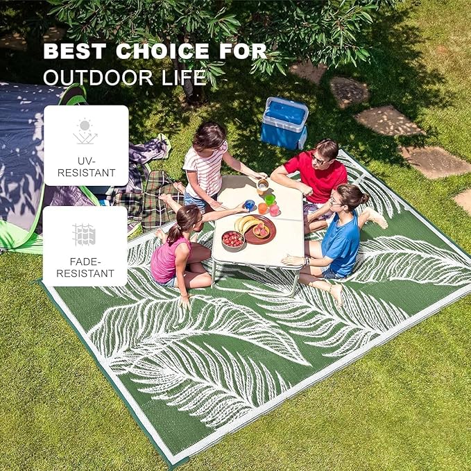 wikiwiki Outdoor Rug, 8x10ft Waterproof Reversible Mat Indoor Outdoor Rugs Carpet, Small Area Rug Plastic Straw Rug for Patio Deck Balcony Pool RV Camping Beach Picnic, Green, Rugscape Series