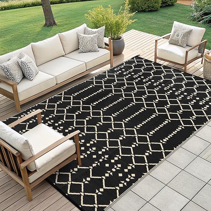 Smiry Outdoor Rug 9x12 ft, Waterproof Reversible Plastic Straw Rugs, Boho Outdoor Area Rug, Outside Floor Mat for Patio, Backyard, Deck, Picnic, Beach, Camping, Beige