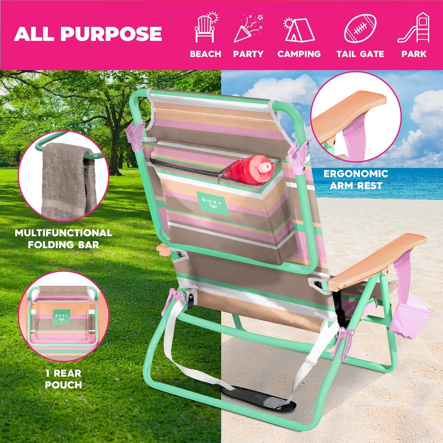 ROXY Beach Chair – Lounge Chair Outdoor, Lightweight Folding Chair with Adjustable Recline and Cup Holder – Beach Days, Pool Lounge Chairs, Folding Camping Chairs, Sun Tanning Chair or Festival