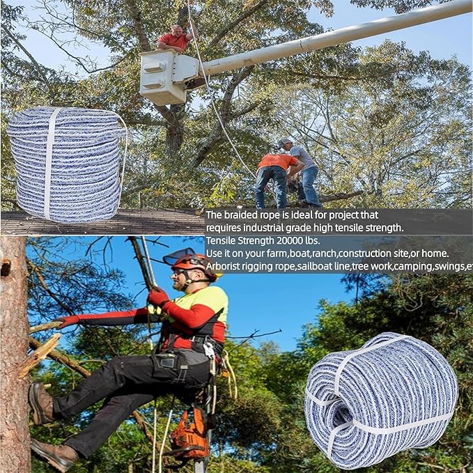 3/4 Inch x 150 Feet Double Braid Polyester Rope 20000Lbs Breaking Strength Strong Pulling Rope for Tree Work Camping Swings(Blue White)