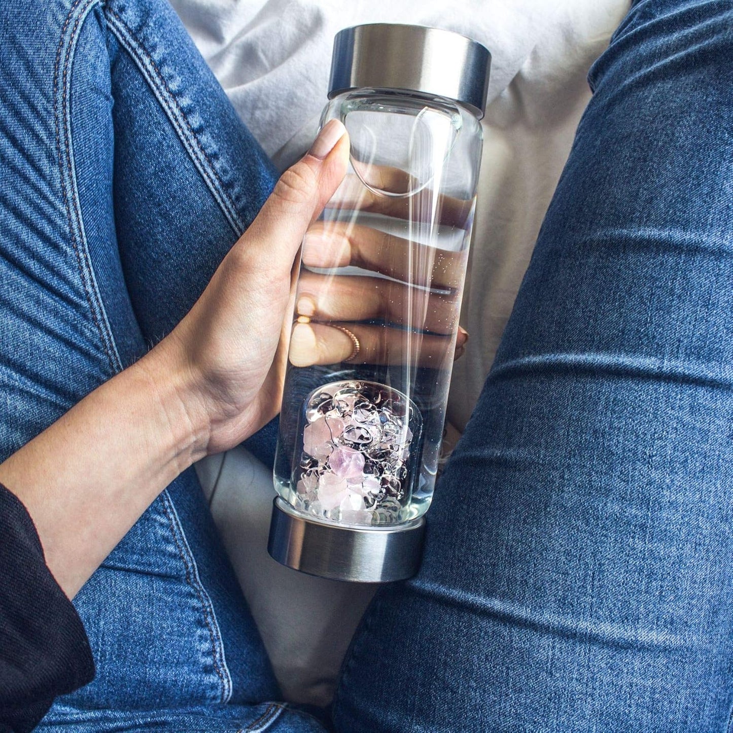 VitaJuwel ViA LUNA | Crystal Water Bottle with Rainbow Moonstone and Clear Quartz for Intuition, Empathy, Femininity