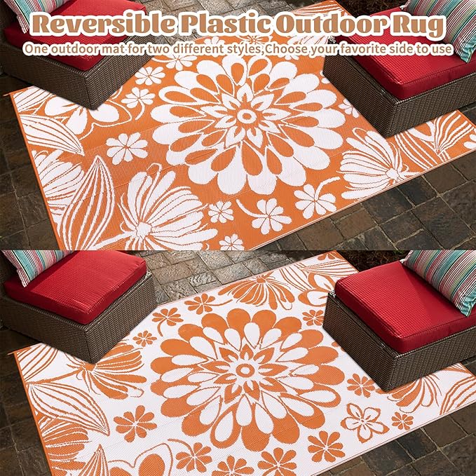 Ileading Outdoor Plastic Straw Rug 9x12ft Funny Floral Style Reversible Patio Area Rugs Waterproof Non Shedding Portable Carpets Large RV Rugs for Outside Deck Pool Beach Picnic Camping (Orange)