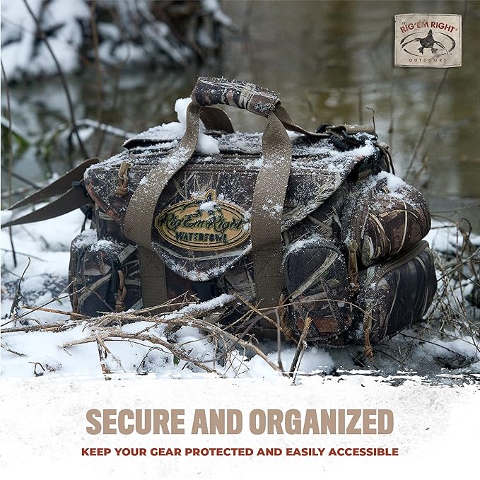 Rig'Em Right Waterfowl Standard Shell Shocker Duck Hunting Blind Bag with Sunglasses Case, Drink Holder, Ammo Compartment and More (Mossy Oak Bottom Lands Camo)