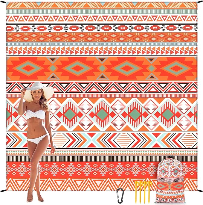 Beach Blanket Sandproof Extra Large Beach Mat Adults Waterproof Quick Drying Sand Free Mat Made by Premium Polyester with 4 Stakes & 4 Corner Pockets for Outdoor Travel Camping Hiking