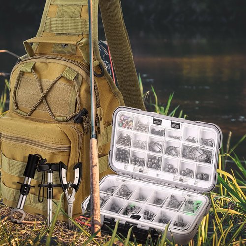 397 Pcs Fishing Accessories Kit Tools Include Backpack Fishing Tackle Box with Hooks Weights Sinkers Spinner Blade Gear(Simple Style,Khaki)