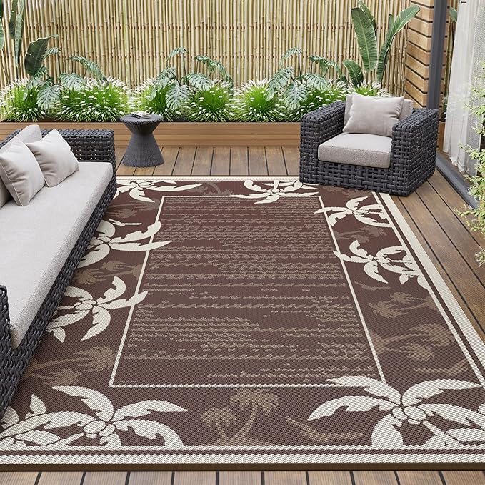 COCOER Outdoor-Rug 5x8 ft Waterproof Reversible Outdoor Plastic Straw Rug RV Indoor Outdoor Carpet Quick Dry Patio Rug Camping Mat for Balcony Backyard Picnic Beach-Brown&Beige