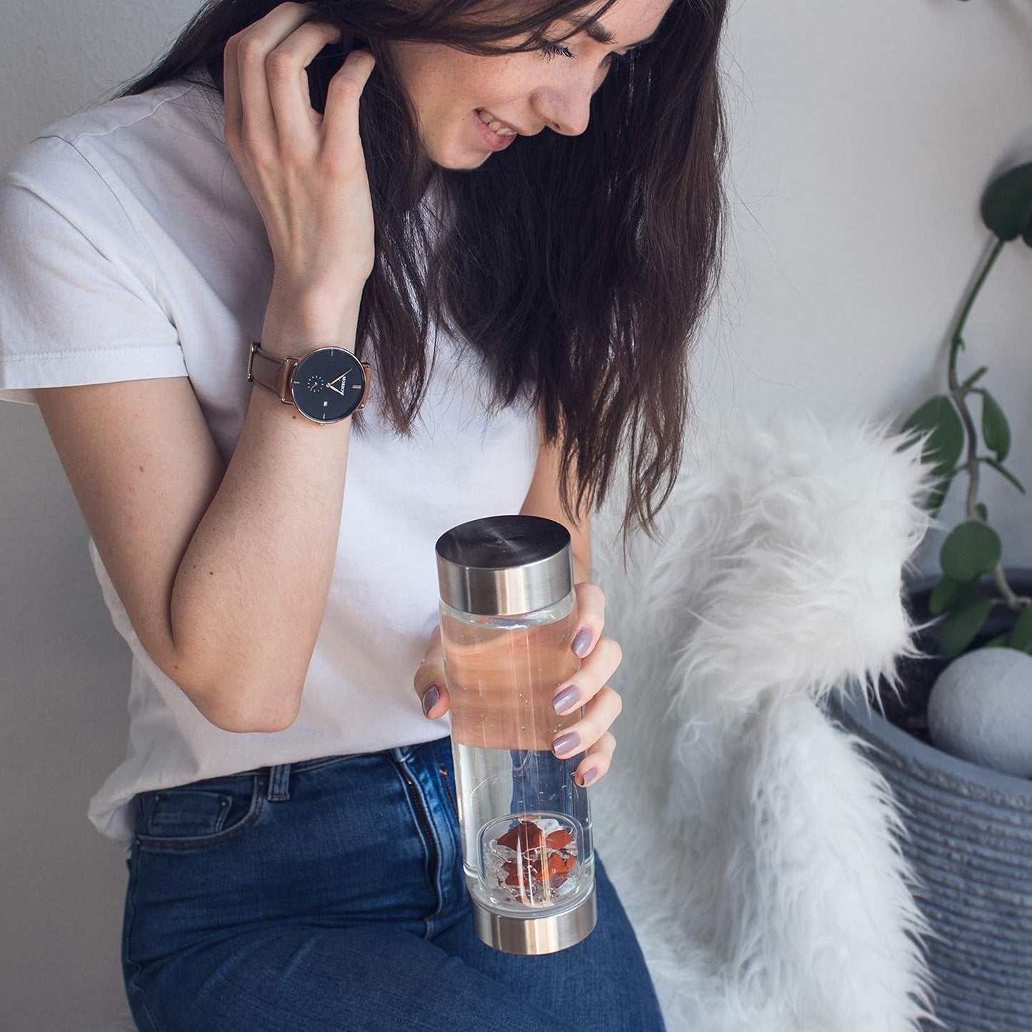 VitaJuwel ViA LUNA | Crystal Water Bottle with Rainbow Moonstone and Clear Quartz for Intuition, Empathy, Femininity