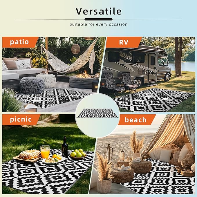Favoyard Outdoor Rug 6x9 ft Waterproof Reversible Patio Plastic Straw Rugs for Decor Clearance Outside Large RV Camping Area Carpet Mat for Porch Deck Balcony Pool Backyard Picnic Beach Camper Door