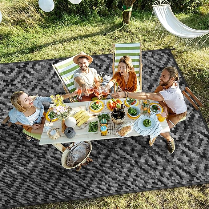 Outdoor Patio Plastic Straw Rug - 6'x9' Outdoor Camping Rug Waterproof Reversible, Area Carpet Patios Clearance RV, Outside Porch Balcony Deck for Camper, Black & Grey