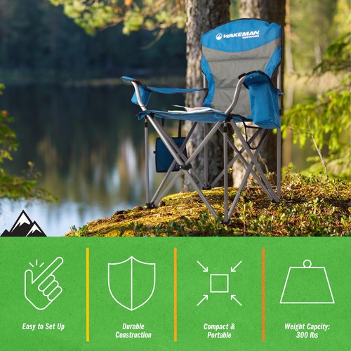 Wakeman Outdoors Oversized Camping Chair 300lbs - Heavy Duty Folding Chair with Cooler Pouch and Carry Bag for Camp Sites, Tailgates, or Beach (Blue)