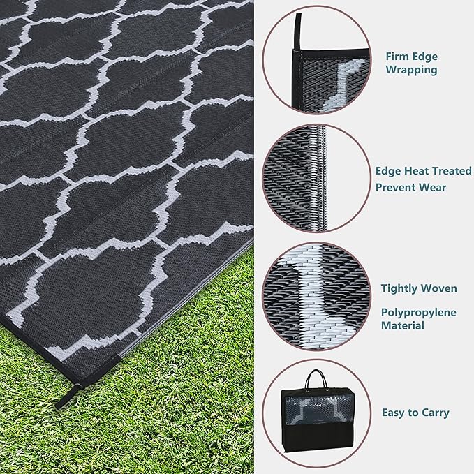 Ogrmar 9x12 FT Reversible Mats, Outdoor Rug for Patio Clearance, Waterproof Carpet, Plastic Straw Rug for Indoor Outdoor, Floor Mat&Rug for RV Porch Camping Backyard Deck Balcony Beach Trailer (Black)