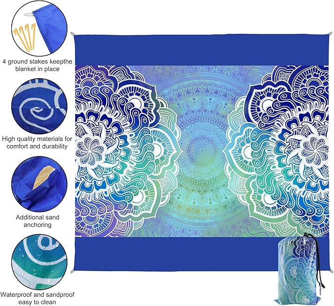 Beach Blanket Waterproof Sandproof, 79x79Inch Sand Free Beach Mat, Quick Drying, Light Weight and Portable Outdoor Picnic Mat for Travel, Camping