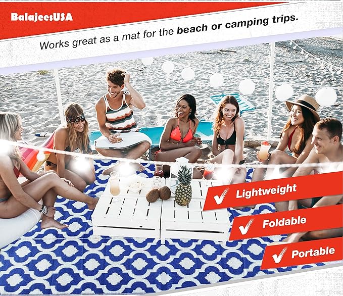BalajeesUSA Outdoor Rug - 9x12 Blue, reversible Recycled Plastic straw Outdoor Patio Rugs Clearance Waterproof Large RV Camper Rug 484