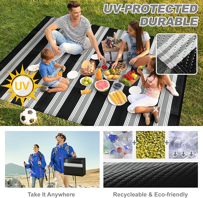 Lahome Striped Outdoor Plastic Straw Rug, Reversible Outdoor Rug Waterproof 9x12 Rugs for Patio, RV Camping Rug Picnic Mat Outside Large Carpet for Beach Deck Backyard Balcony(Black/Grey,9'x 12')