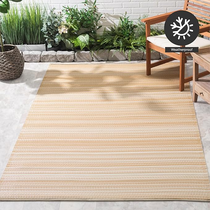 FH Home Outdoor Camping Rug - Waterproof, Fade Resistant, Reversible - Premium Recycled Plastic - Striped - Large Patio, Deck, Sunroom, RV - Havana - Beige - 4 x 6 ft Foldable