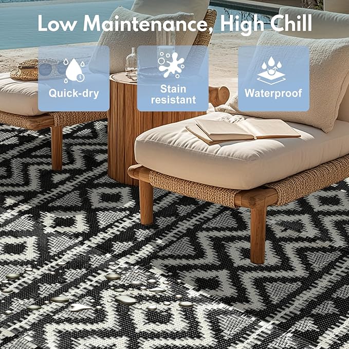 Waterproof Outdoor Rug 6x9 ft, Reversible Plastic Straw Rug, Easy to Clean Patio Rug, Portable Carpet for Patio, RV, Deck, Balcony, Backyard, Picnic, Beach, Geometric Diamond, Gray