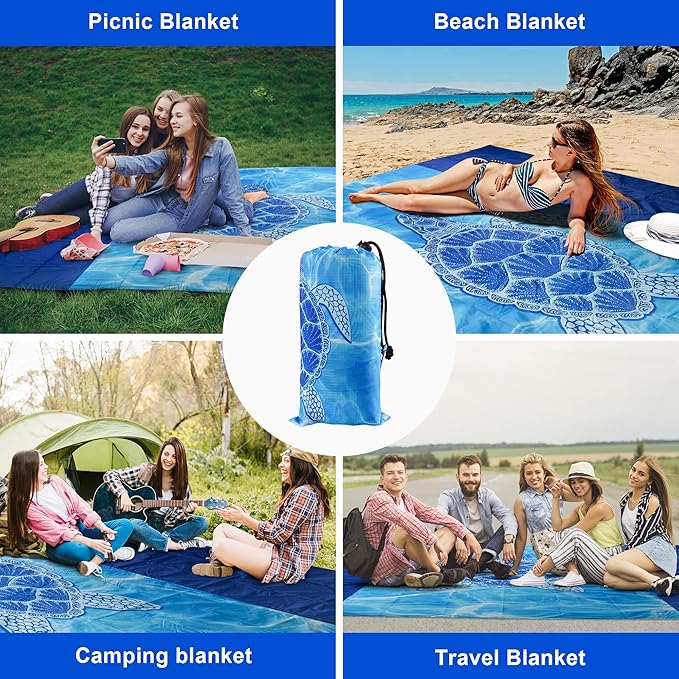 Sea Turtle Beach Blanket Waterproof Sandproof, 111x121Inch Sand Free Beach Mat, Quick Drying, Light Weight and Portable Outdoor Picnic Mat for Travel, Camping