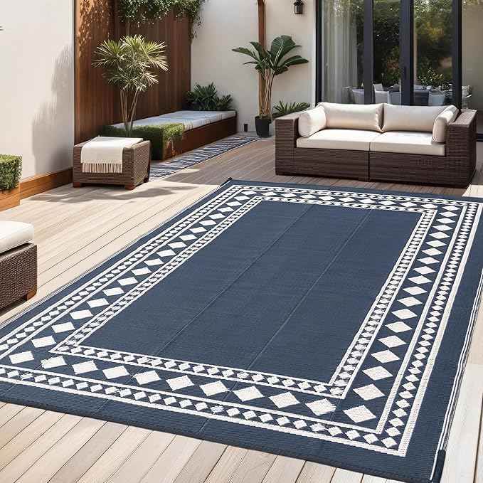 RURALITY Outdoor Rugs 6x9 Waterproof for Patios Clearance,Plastic Straw Mats for Backyard,Porch,Deck,Balcony,Black and Beige