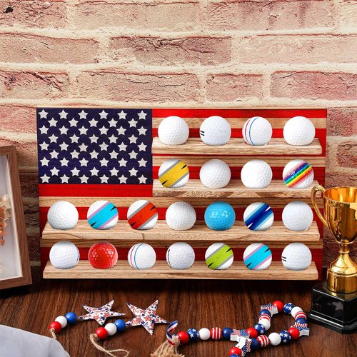 Threehoney Patriotic Golf Ball Holder Display Shelf for 22 Balls 16 x 10 Inch Wood Golf Ball Display Stand with American Flag Golf Lover's Gift for Christmas, No Door