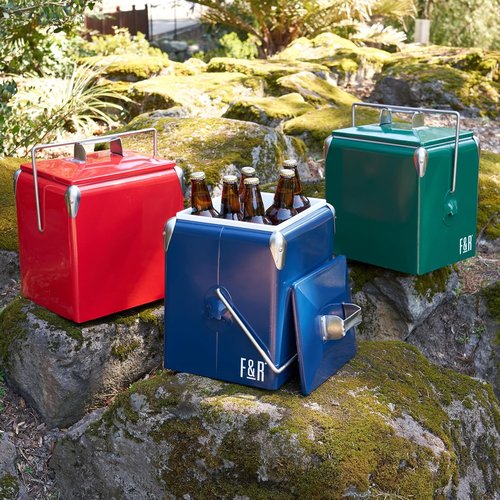 Foster & Rye Stainless Steel Retro Cooler, Vintage Metal cooler, Antique Beverage Chiller and Ice Chest, Plastic Lined Drink Chest, Mounted Bottle Opener, Holds a 6-pack, Red