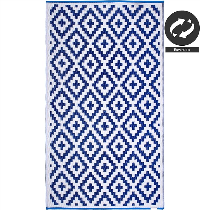 FH Home Outdoor Camping Rug - Waterproof, Fade Resistant, Reversible - Premium Recycled Plastic - Geometric - Large Patio, Deck, Sunroom, RV - Aztec - Blue & White - 9 x 12 ft Foldable