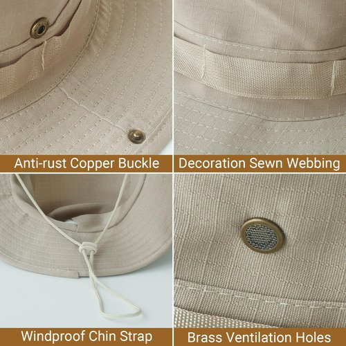 PFFY Sun Boonie Hats for Men UPF 50+ Bucket Hat for Fishing Hiking Safari Hunting Khaki（with Webbing
