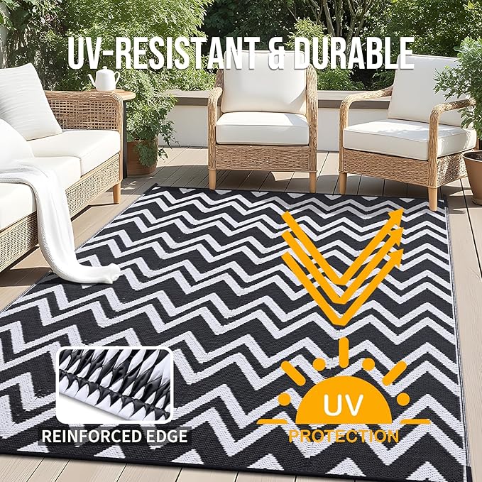 OLANLY Waterproof Outdoor Rug 8x10 ft Clearance, Reversible Outdoor Plastic Straw Rug, RV Mat, Indoor Outdoor Carpet for Patio, Camping, Balcony, Deck, Backyard, Black & White