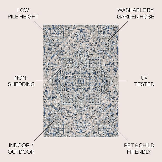 JONATHAN Y SMB105B-6SQ Estrella Bohemian Medallion Textured Weave Indoor/Outdoor Area Rug, Coastal, Traditional, Vintage for Bedroom, Kitchen, Living Room, Easy-Cleaning, Navy/Gray, 6' Square