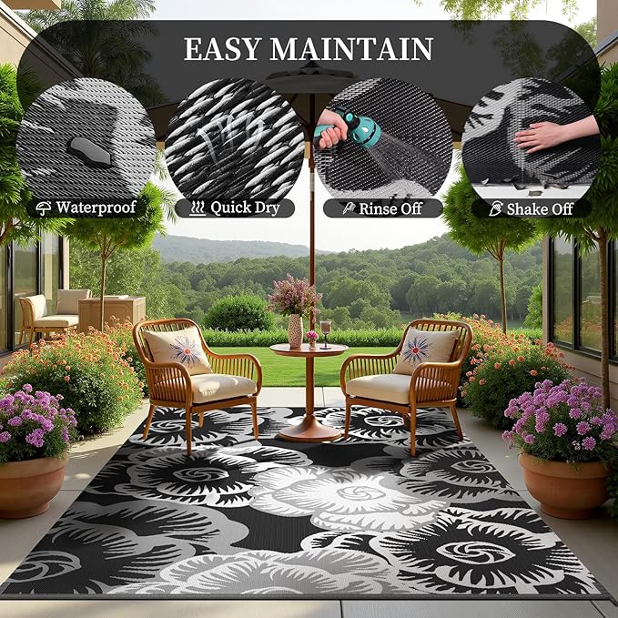 MontVoo Outdoor Rug-Waterproof Patio Rug Mat 5x8 ft Outdoor Carpet Mat Reversible Plastic Straw Outside Outdoor Rug for RV Camping Picnic Beach Balcony Backyard Pool Deck Porch Farmhouse Floral Black