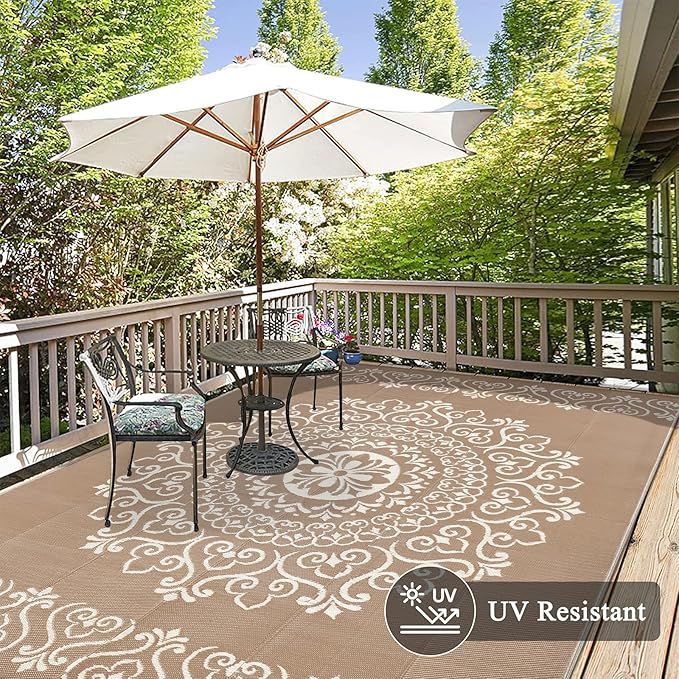 Pauwer Waterproof Outdoor Rug 6x9, Reversible Plastic Straw Patio Camping Rug, Indoor Outdoor RV Mat Carpet for Deck, Camper, Porch, Balcony, Backyard, Picnic, Floral Brown