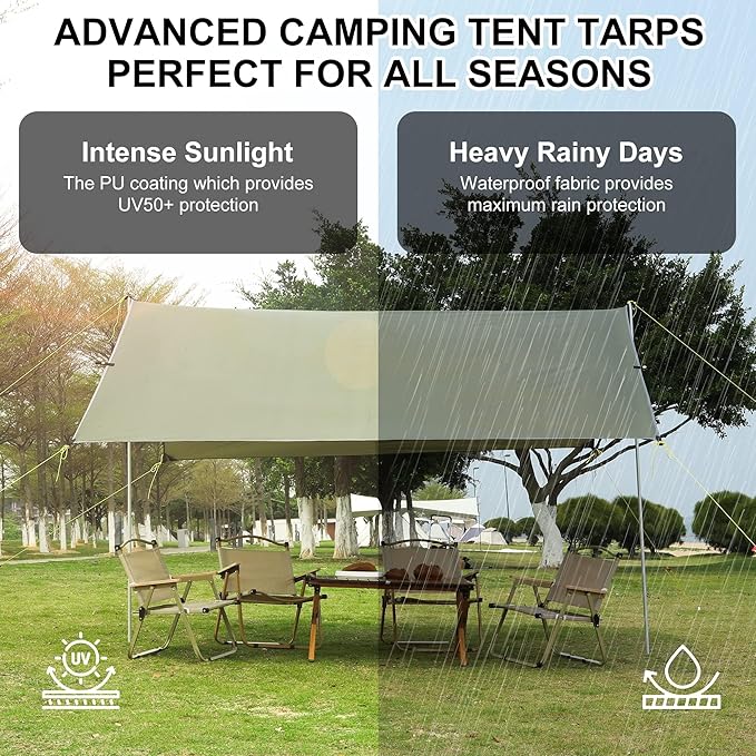Camping Tarp, 10X9FT Hammock Tent - Waterproof and Anti-UV Protection, Portable and Lightweight, Including Tent Stakes and Carry Bag