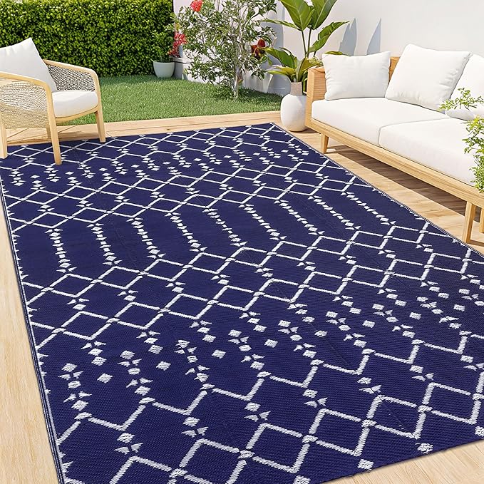 Smiry Outdoor Rug 5x8 ft, Waterproof Reversible Plastic Straw Rugs, Boho Outdoor Area Rug, Outside Floor Mat for Patio, Backyard, Deck, Picnic, Beach, Camping, Navy