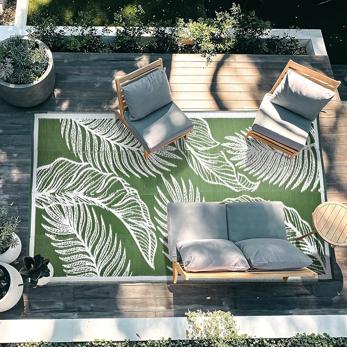 wikiwiki Outdoor Rug, 5x8ft Waterproof Reversible Mat Indoor Outdoor Rugs Carpet, Small Area Rug Plastic Straw Rug for Patio Deck Balcony Pool RV Camping Beach Picnic, Green, Rugscape Series