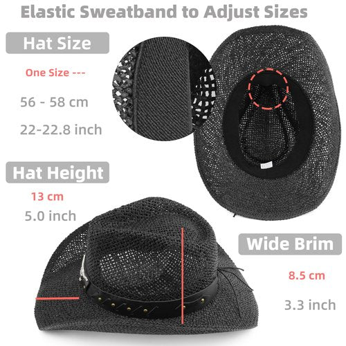 Melesh Straw Cowboy Hat for Women Men Sun Beach Western Cowgirl Hat (US, Alpha, One Size, Black -OX)