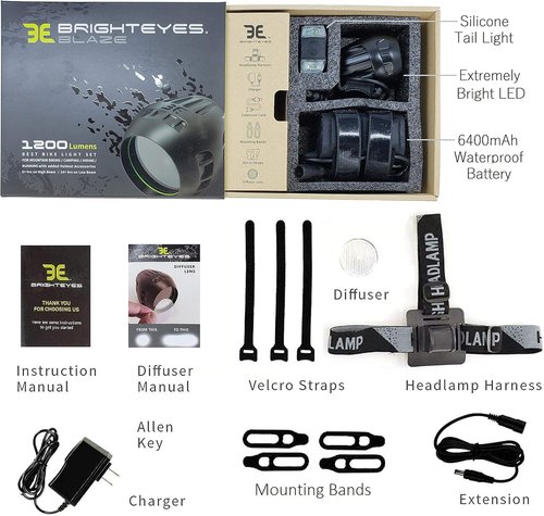 Bright Eyes Newly Upgraded and Fully Waterproof 1200 Lumen Rechargeable Mountain, Road Bike Headlight, 6400mAh Battery (Now 5+ Hours on Bright Beam). Free Diffuser Lens/TAILLIGHT