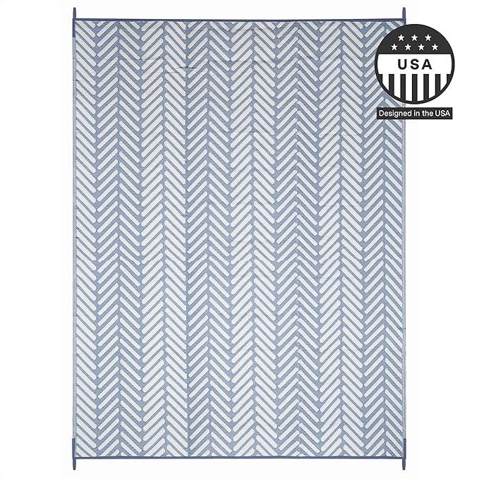 FH Home Outdoor Camping Rug - Waterproof, Fade Resistant, Reversible - Premium Recycled Plastic - Herringbone - Large Patio, Deck, Sunroom, RV - Fresno - Light Blue - 9 x 12 ft Foldable