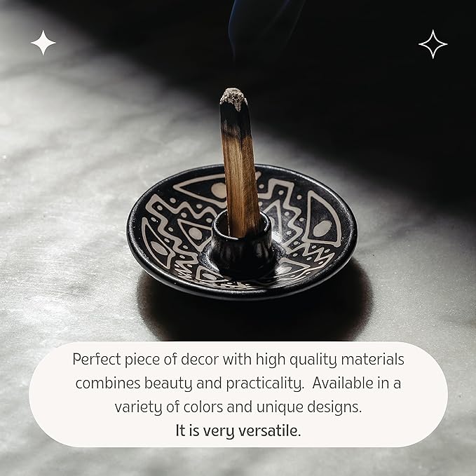 Luna Sundara Authentic Peru Pottery Palo Santo Stick Holder and Incense Holder Includes 5 Palo Santo Sticks Handmade Ceramic Smudge Bowl Sage Holder Palo Santo Holder (Black and White)