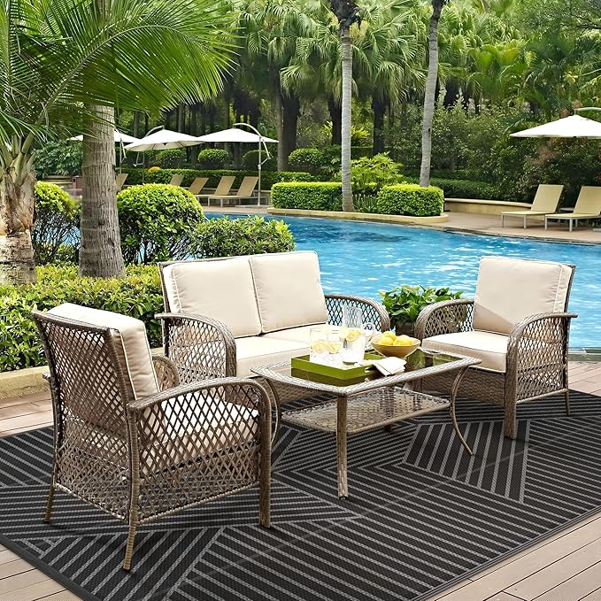 GENIMO Outdoor Rug 6'x9' for Patio Waterproof Clearance, Reversible Outdoor Plastic Straw Rug, Lightweight Carpet Camping Mat for Rv, Camper, Picnic, Balcony, Backyard, Deck, Porch, Black & Gray