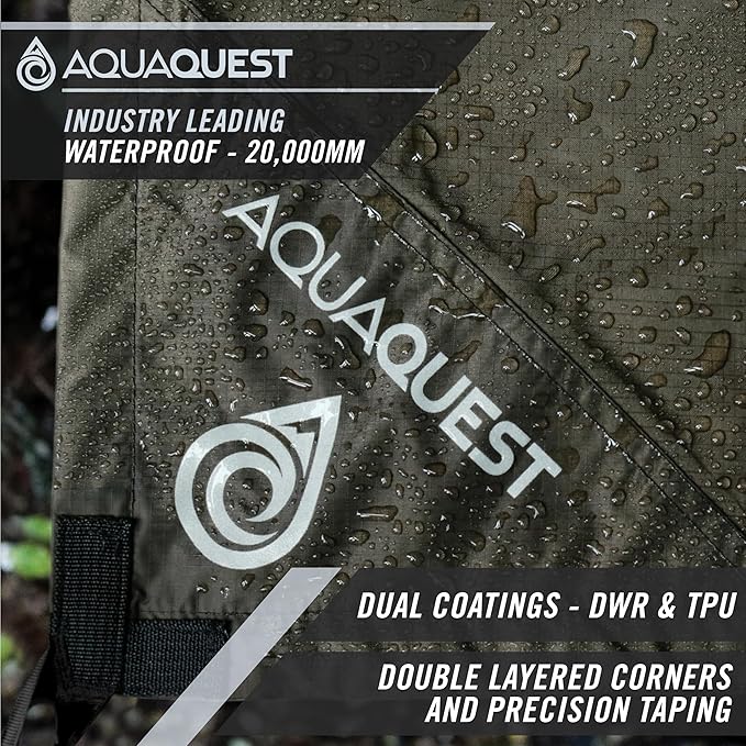 AquaQuest Defender Camping Tarp - Heavy Duty Tent Shelter or Rain Fly - Waterproof Camping Essentials for Hiking, Bushcraft & Hammock, 10 x 7 ft, Olive Drab Kit