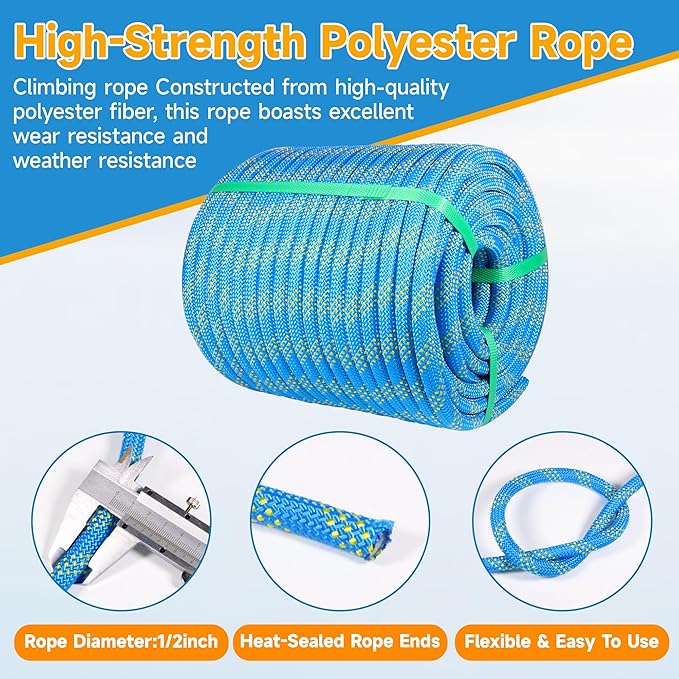 Rigging Rope 1/2 in x 150 Ft Double Braided Polyester Rope Polyester Braided Arborist 48 Strands for Various Outdoor Applications Construction Climbing Swing Sailing (Blue, 1/2X150FT)