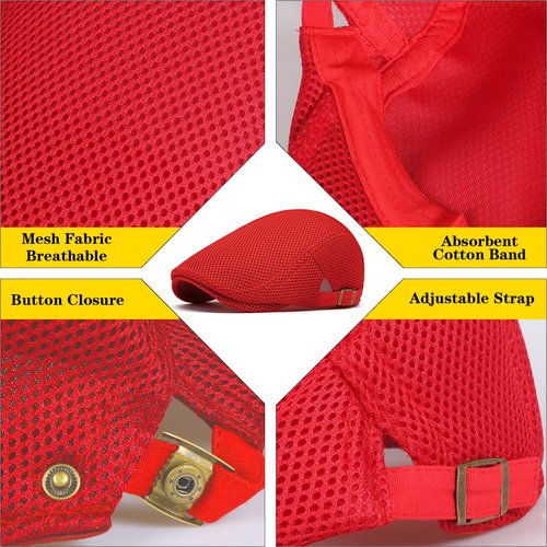 meioro Mens Breathable Mesh Summer Hat Adjustable Flat Cap Newsboy Beret Ivy Cap Irish Cabbie Fishing Hats（Orange+Red）