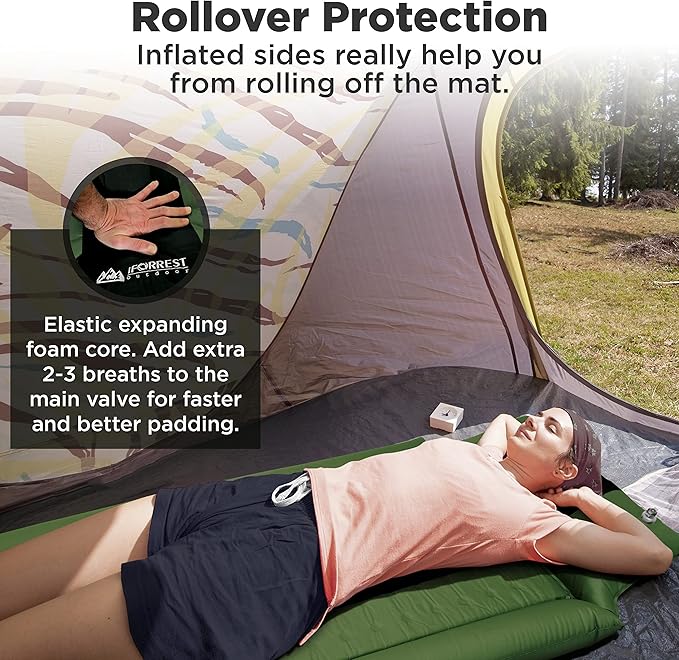 IFORREST Camping Pad with Armrest & Pillow - Self-Inflating Air Mattress - Rollover Protection - Ultra-Comfortable Mat - Lightweight for Tent, Cot, Backpacking(L/XL)