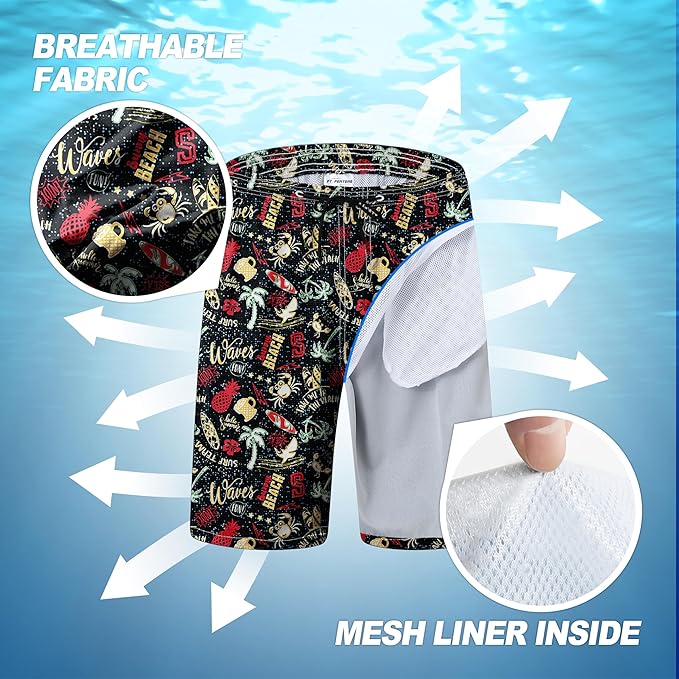 Mens Swim Trunks Quick Dry Board Shorts with Mesh Lining, Breathable Surf Beach Shorts Swimwear Bathing Suits