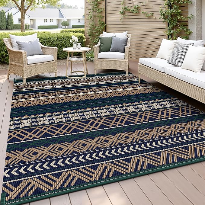 MontVoo Outdoor Rug Carpet Waterproof-Patio Rug Mat 6x9 Reversible RV Camping Rug Picnic Mat Plastic Straw Outside Rug for Balcony Porch Deck Beach-Boho Outdoor Area Rug for Patio Decor Colorful
