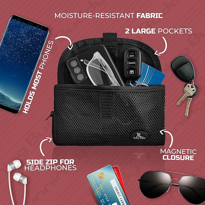 Running Buddy Magnetic Buddy Pouch, Beltess, Chafe and Bounce Free, Runners Fanny Pack, Phone Holder, Great for Running, Walking, Traveling & More, For Men & Women - 5-7/8" L x 4" W - Black and Pink