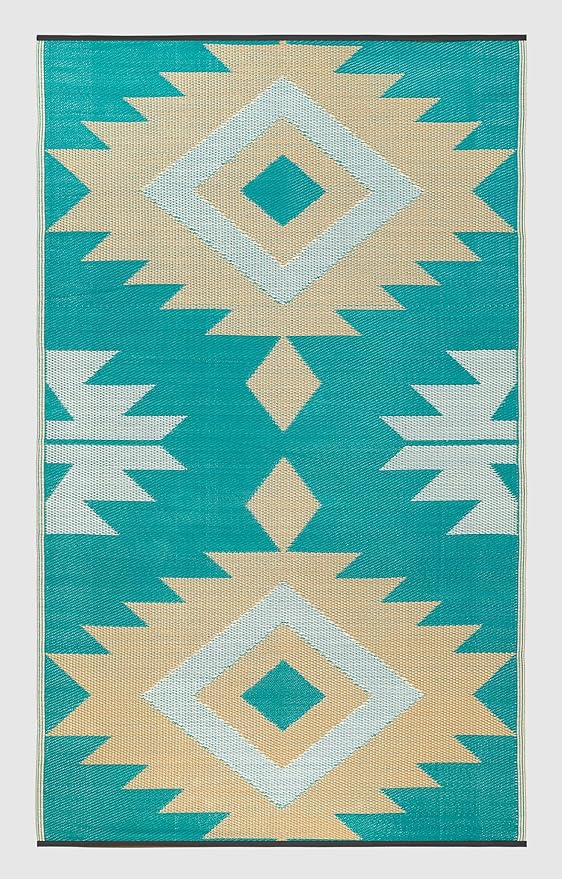 FH Home Outdoor Rug - Waterproof, Fade Resistant, Reversible - Premium Recycled Plastic - Geometric - Patio, Deck, Porch, Balcony - Bursa Kilim - Teal Crease Free - 4 x 6 ft