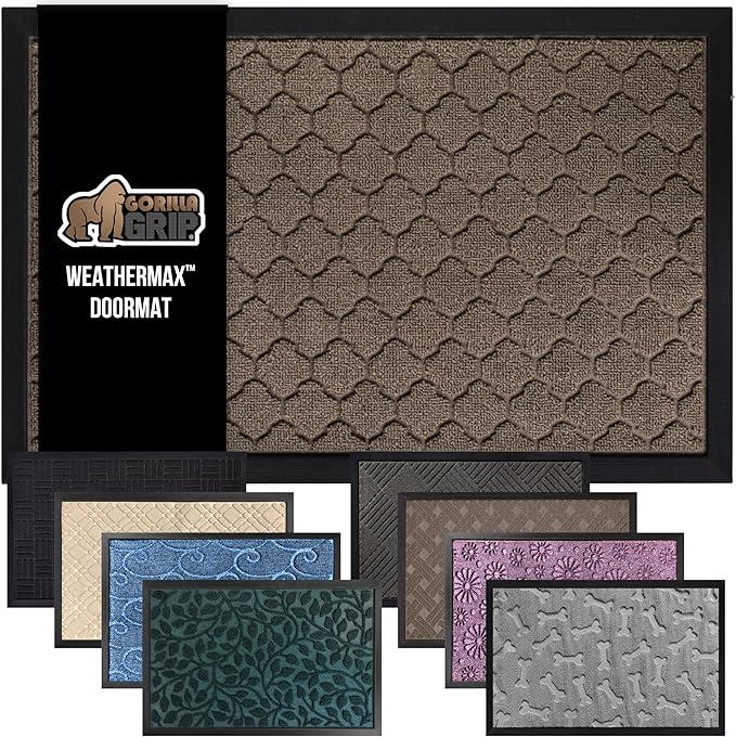 GORILLA GRIP 100% Waterproof All-Season WeatherMax Doormat, 47x35, Durable Natural Rubber, Stain and Fade Resistant, Low Profile, Indoor Outdoor Doormats, Easy Clean Patio Entry Mat, Latte Quatrefoil