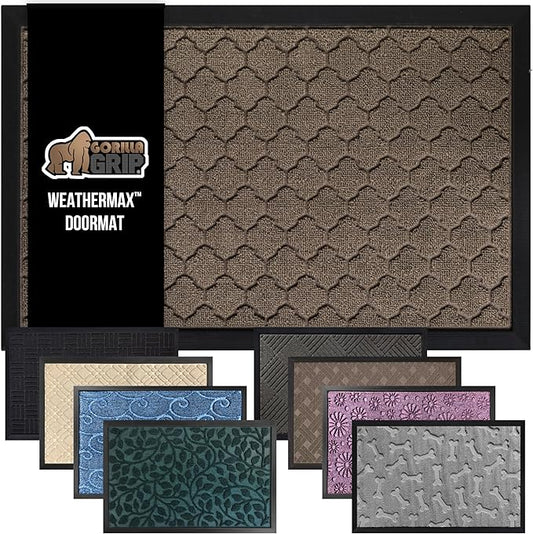 GORILLA GRIP 100% Waterproof All-Season WeatherMax Doormat, 47x35, Durable Natural Rubber, Stain and Fade Resistant, Low Profile, Indoor Outdoor Doormats, Easy Clean Patio Entry Mat, Latte Quatrefoil