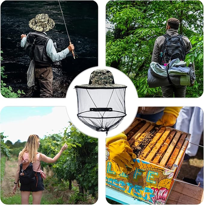 Mosquito Head Net Hat with Removable Mesh Hidden Netting, Camouflage Design with Zipper Net for Outdoor Fishing Gardening Hiking Face Cover (Digital Camouflage)